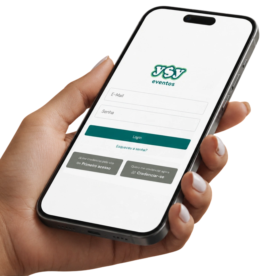 Mão segurando o celular com o app YSY Eventos